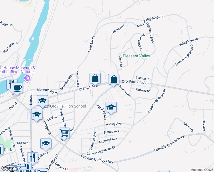 map of restaurants, bars, coffee shops, grocery stores, and more near 3515 Orange Avenue in Oroville