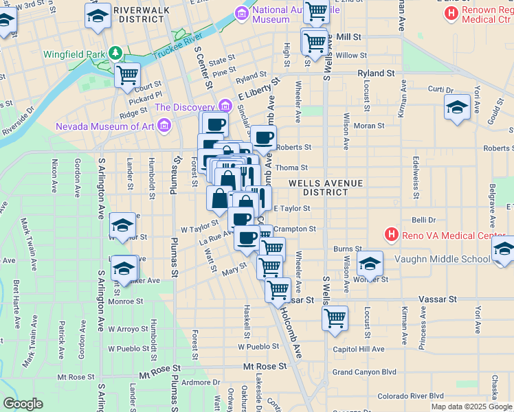 map of restaurants, bars, coffee shops, grocery stores, and more near 855 South Center Street in Reno