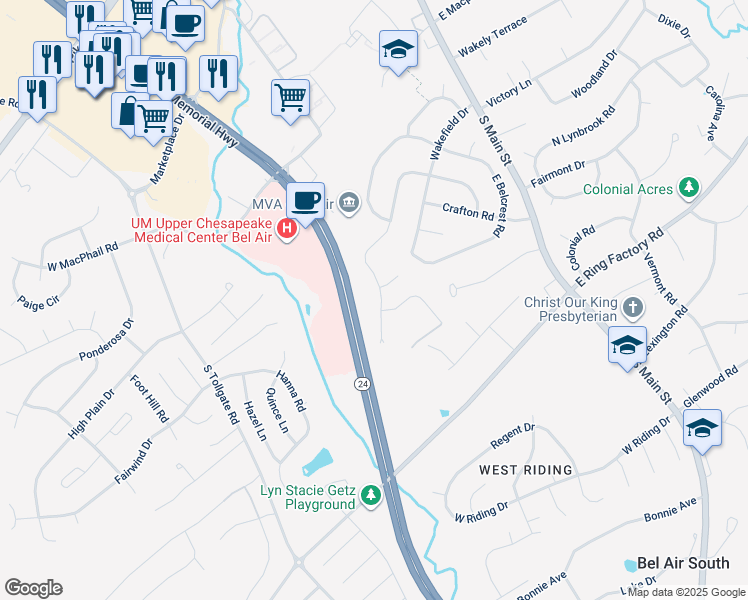 map of restaurants, bars, coffee shops, grocery stores, and more near 134 West Heather Road in Bel Air