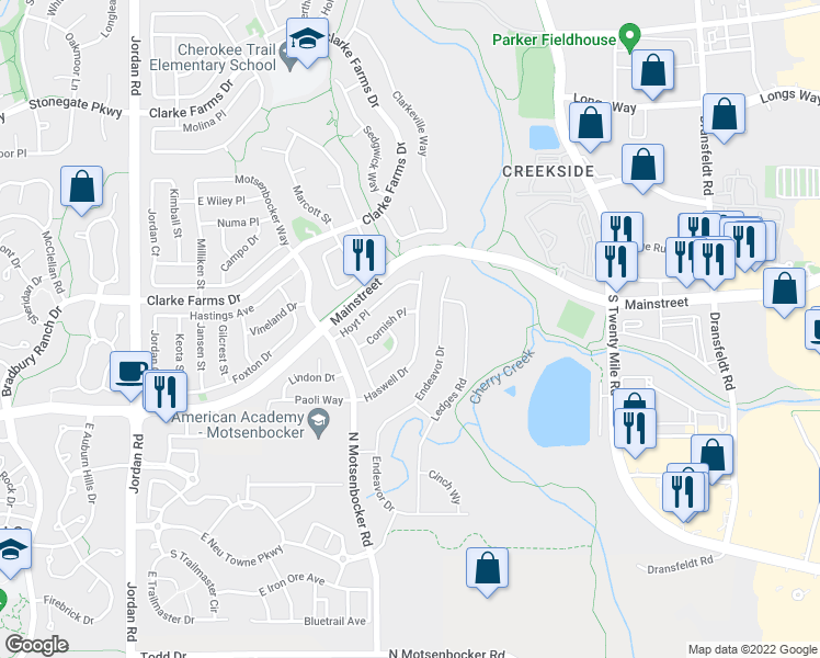 map of restaurants, bars, coffee shops, grocery stores, and more near 11331 Haswell Drive in Parker
