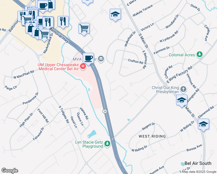map of restaurants, bars, coffee shops, grocery stores, and more near 134 West Heather Road in Bel Air