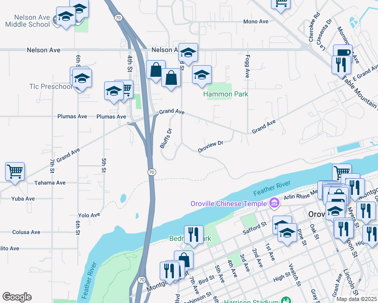 map of restaurants, bars, coffee shops, grocery stores, and more near 175 Oroview Drive in Oroville