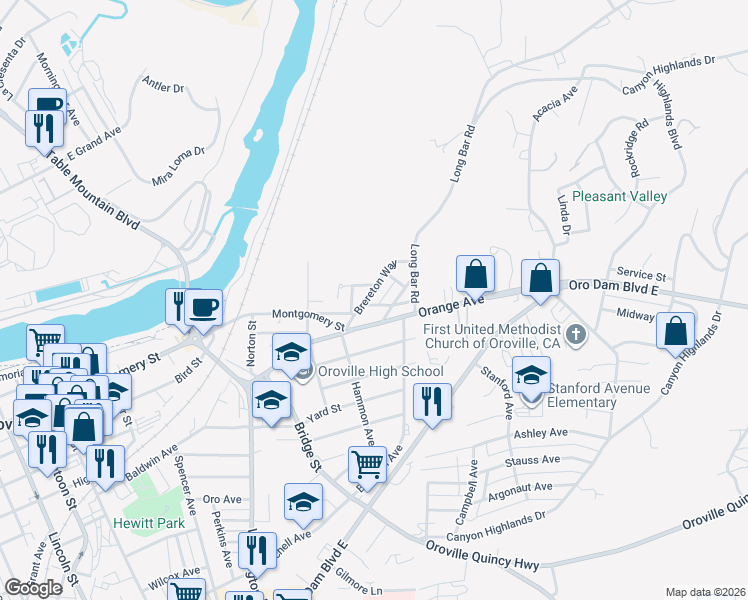 map of restaurants, bars, coffee shops, grocery stores, and more near 3142 Isabelle Terrace in Oroville