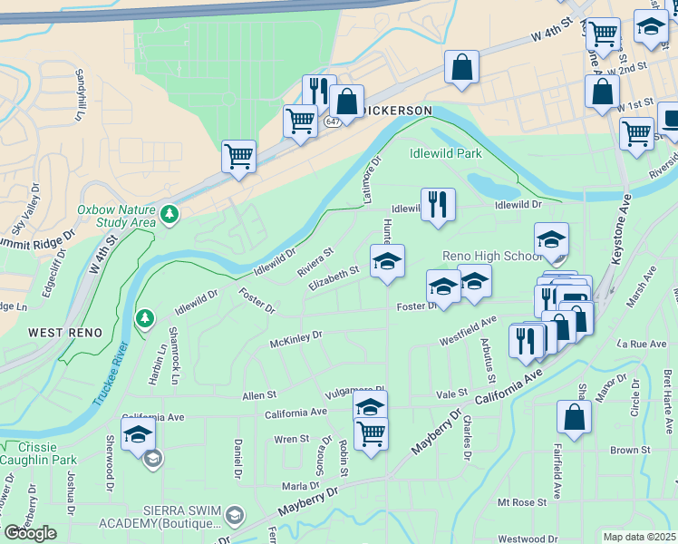 map of restaurants, bars, coffee shops, grocery stores, and more near 90 Cynthia Place in Reno