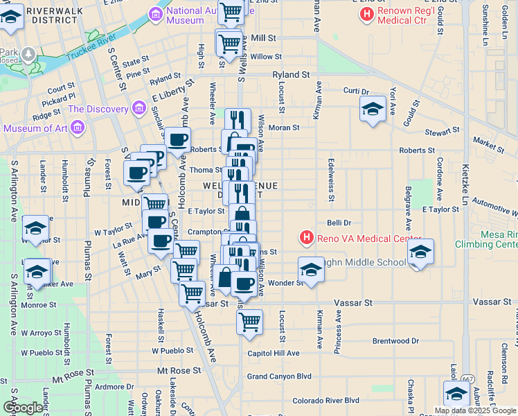 map of restaurants, bars, coffee shops, grocery stores, and more near 499 East Taylor Street in Reno