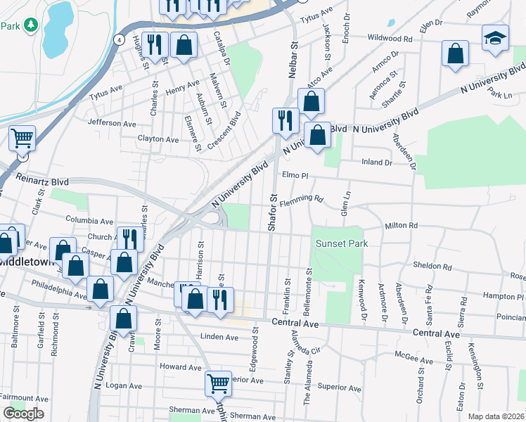 map of restaurants, bars, coffee shops, grocery stores, and more near 317 Mc Kinley Street in Middletown