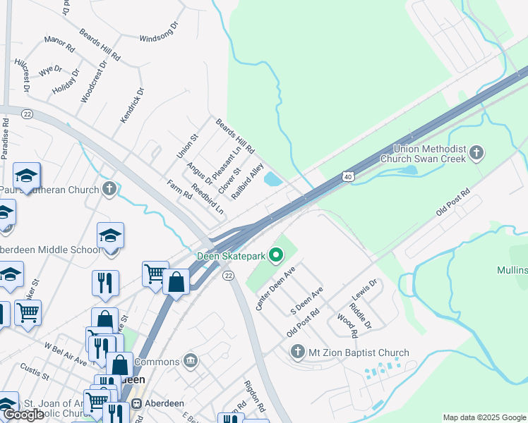 map of restaurants, bars, coffee shops, grocery stores, and more near 460 North Philadelphia Boulevard in Aberdeen