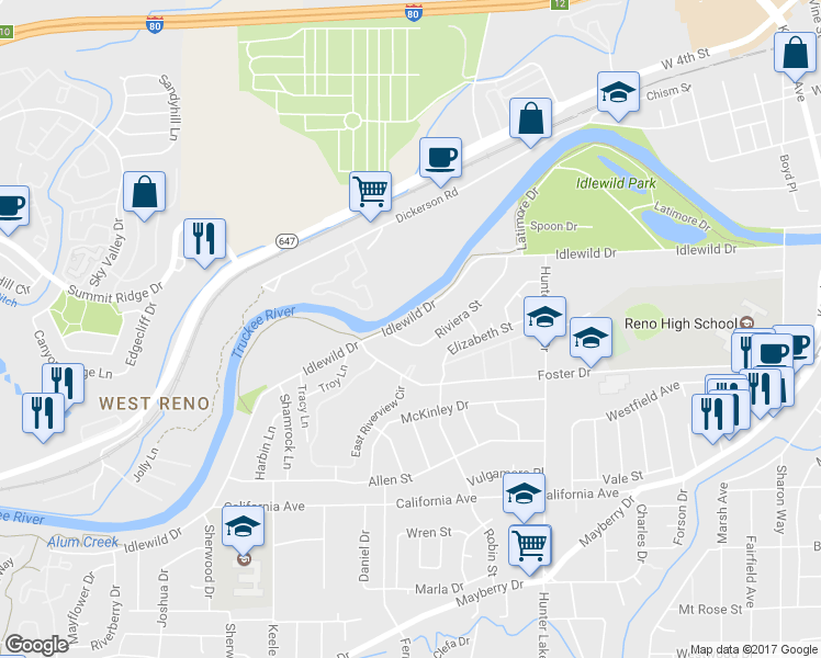 map of restaurants, bars, coffee shops, grocery stores, and more near 2520 Idlewild Drive in Reno