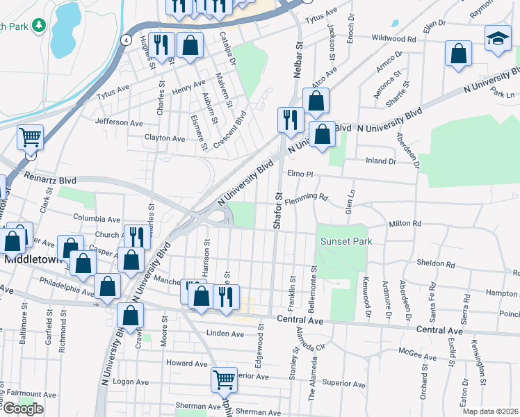 map of restaurants, bars, coffee shops, grocery stores, and more near 317 Mc Kinley Street in Middletown