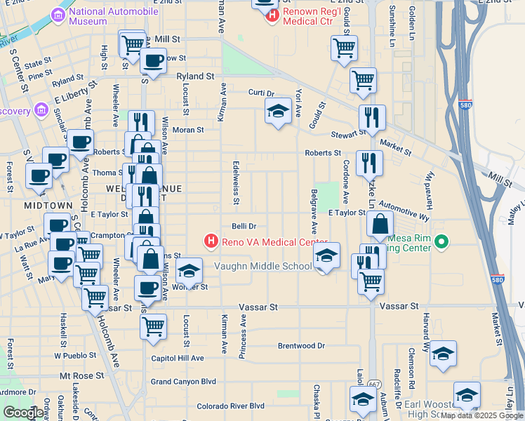 map of restaurants, bars, coffee shops, grocery stores, and more near 895 East Taylor Street in Reno