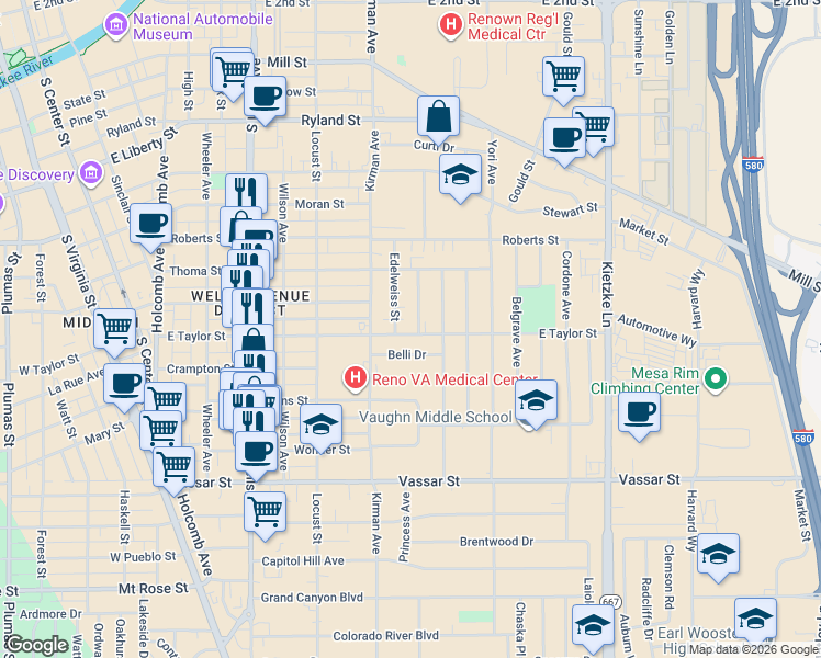map of restaurants, bars, coffee shops, grocery stores, and more near 815 East Taylor Street in Reno