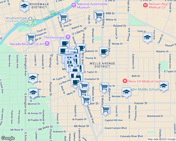 map of restaurants, bars, coffee shops, grocery stores, and more near 217 East Taylor Street in Reno