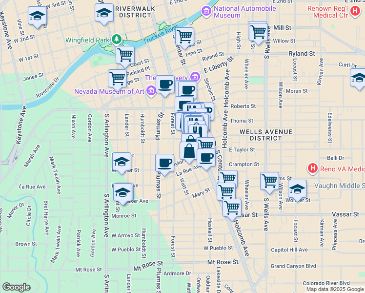 map of restaurants, bars, coffee shops, grocery stores, and more near 702 Forest Street in Reno