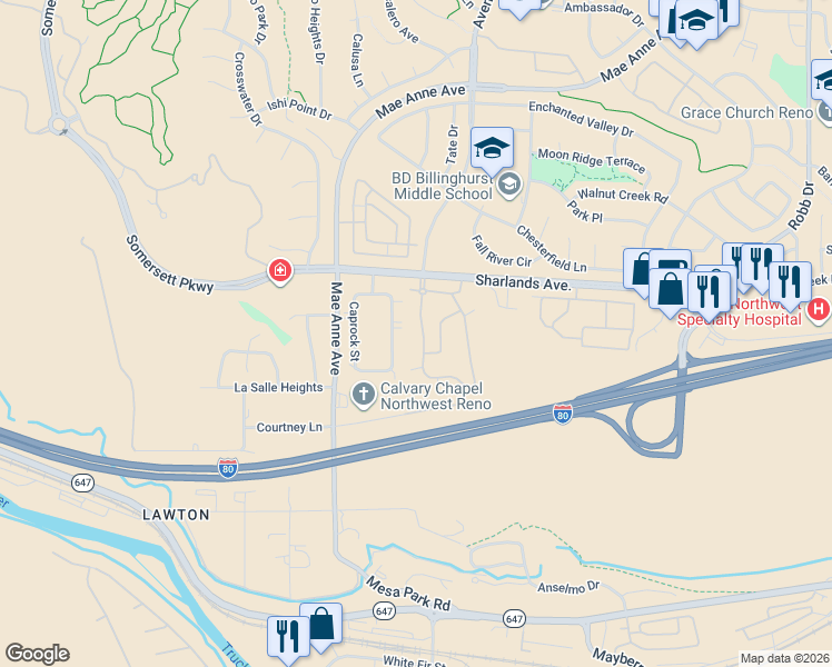 map of restaurants, bars, coffee shops, grocery stores, and more near 6850 Sharlands Avenue in Reno
