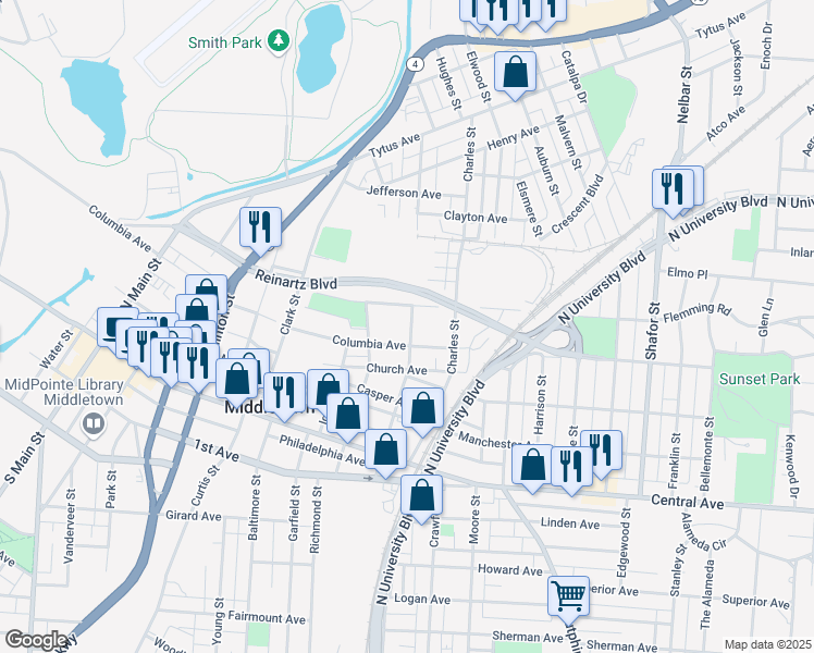 map of restaurants, bars, coffee shops, grocery stores, and more near 306 North Grimes Street in Middletown