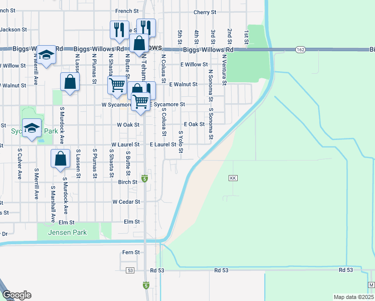 map of restaurants, bars, coffee shops, grocery stores, and more near 420 East Laurel Street in Willows