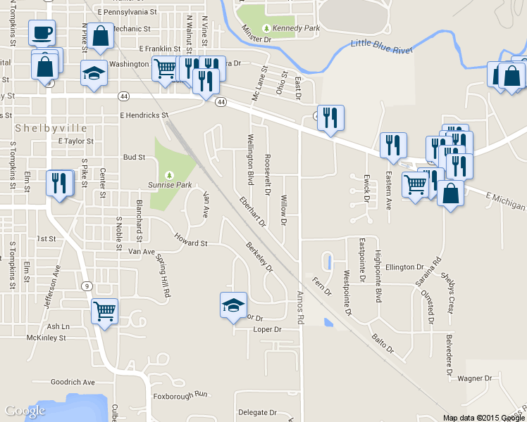 map of restaurants, bars, coffee shops, grocery stores, and more near 517 Roosevelt Drive in Shelbyville