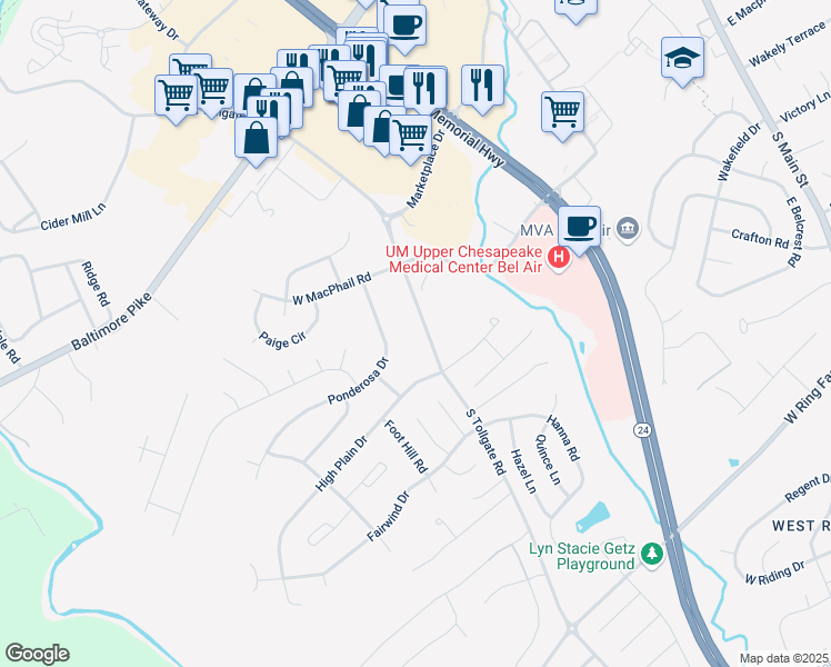 map of restaurants, bars, coffee shops, grocery stores, and more near 510 South Tollgate Road in Bel Air