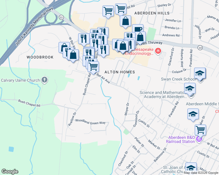 map of restaurants, bars, coffee shops, grocery stores, and more near 700 West Bel Air Avenue in Aberdeen