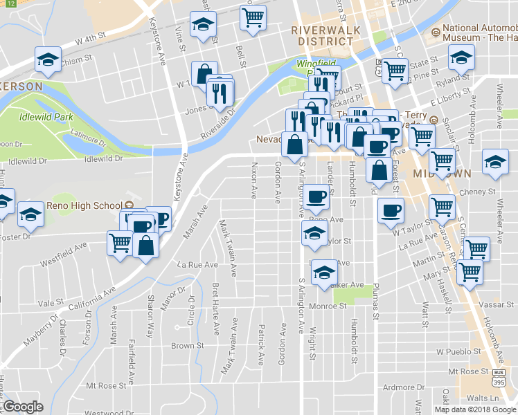 map of restaurants, bars, coffee shops, grocery stores, and more near 720 Nixon Avenue in Reno