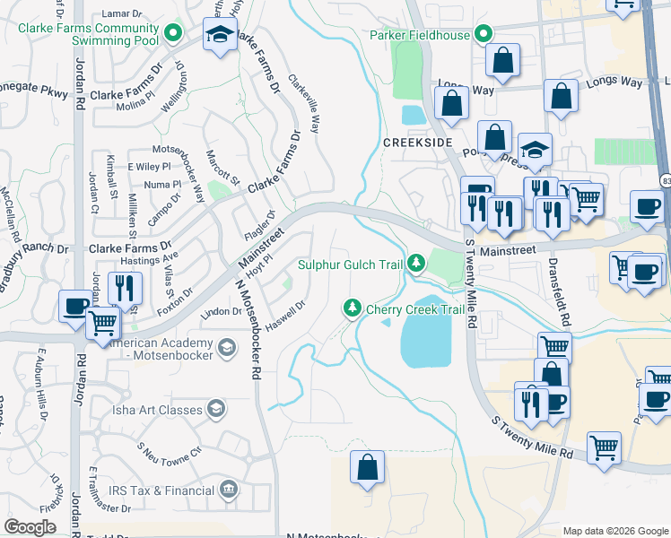map of restaurants, bars, coffee shops, grocery stores, and more near 10924 Endeavor Drive in Parker