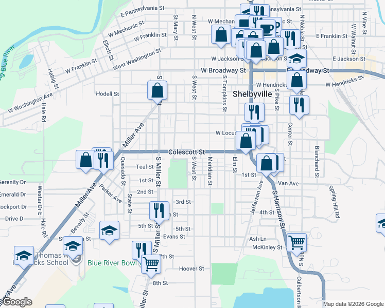 map of restaurants, bars, coffee shops, grocery stores, and more near 403 Colescott Street in Shelbyville