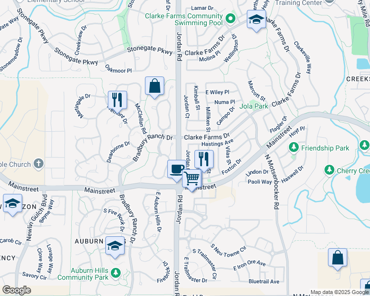 map of restaurants, bars, coffee shops, grocery stores, and more near 11203 Jordan Court in Parker