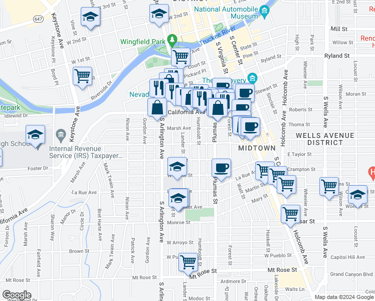 map of restaurants, bars, coffee shops, grocery stores, and more near 720 Lander Street in Reno