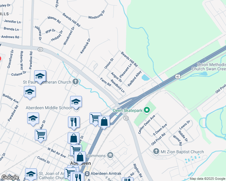 map of restaurants, bars, coffee shops, grocery stores, and more near 164 Farm Road in Aberdeen