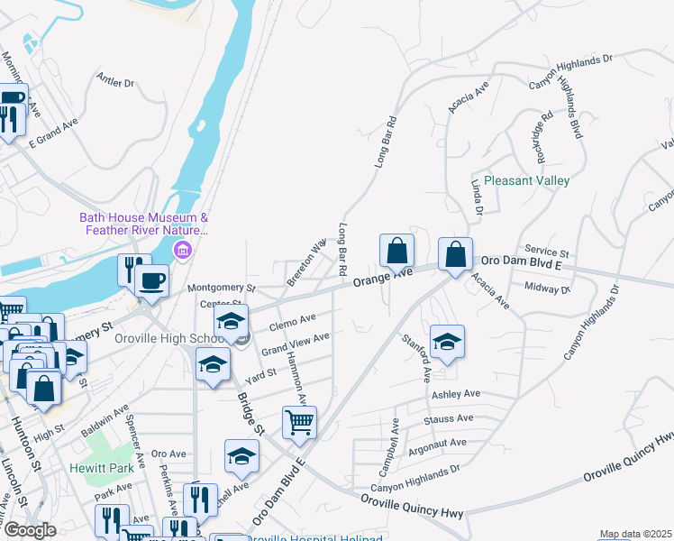 map of restaurants, bars, coffee shops, grocery stores, and more near 1220 Long Bar Road in Oroville