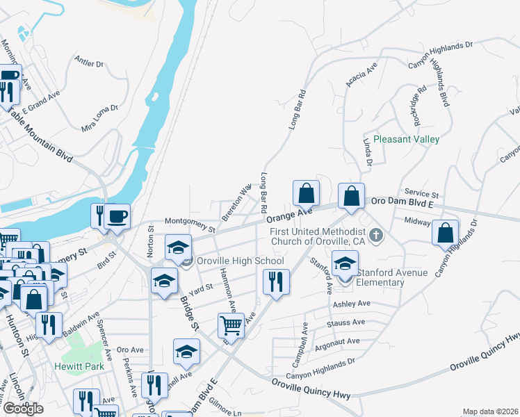map of restaurants, bars, coffee shops, grocery stores, and more near 1220 Long Bar Road in Oroville