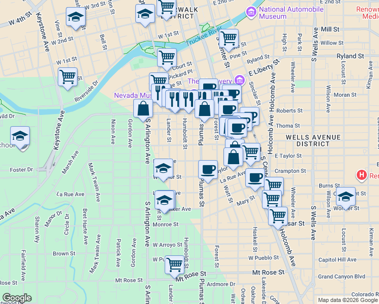 map of restaurants, bars, coffee shops, grocery stores, and more near 762 Humboldt Street in Reno