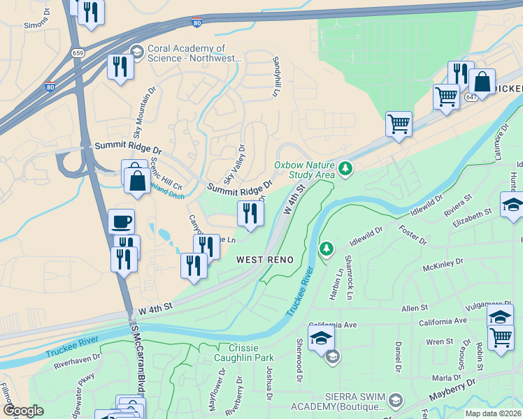 map of restaurants, bars, coffee shops, grocery stores, and more near 950 Edgecliff Drive in Reno