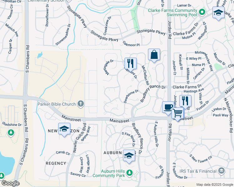 map of restaurants, bars, coffee shops, grocery stores, and more near 10956 Osprey Court in Parker