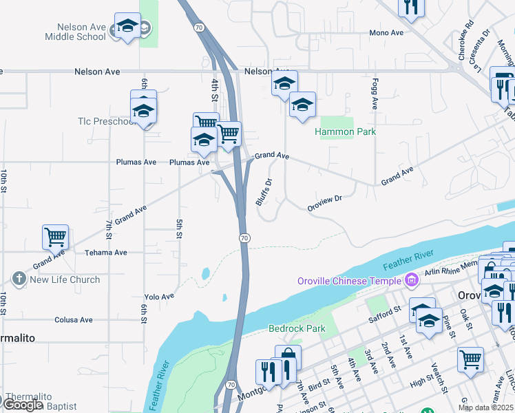 map of restaurants, bars, coffee shops, grocery stores, and more near 1972 Bluffs Drive in Oroville
