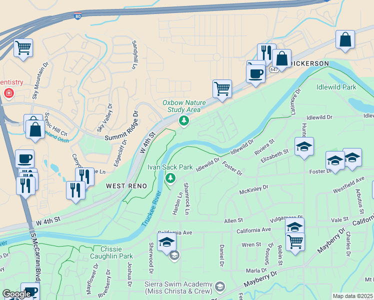 map of restaurants, bars, coffee shops, grocery stores, and more near 2855 Idlewild Drive in Reno