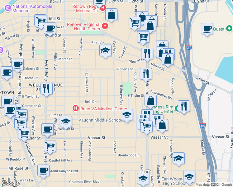 map of restaurants, bars, coffee shops, grocery stores, and more near 885 Belgrave Avenue in Reno