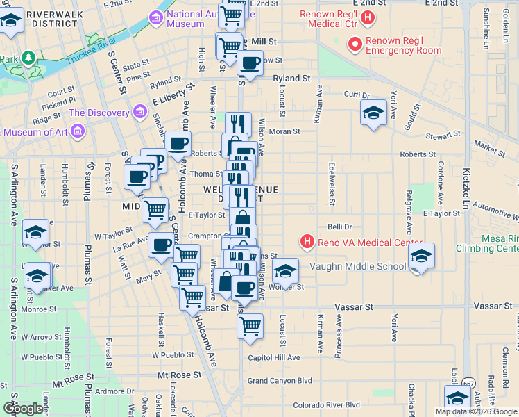 map of restaurants, bars, coffee shops, grocery stores, and more near 499 East Taylor Street in Reno