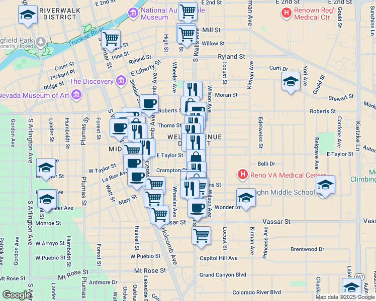 map of restaurants, bars, coffee shops, grocery stores, and more near 351 East Taylor Street in Reno