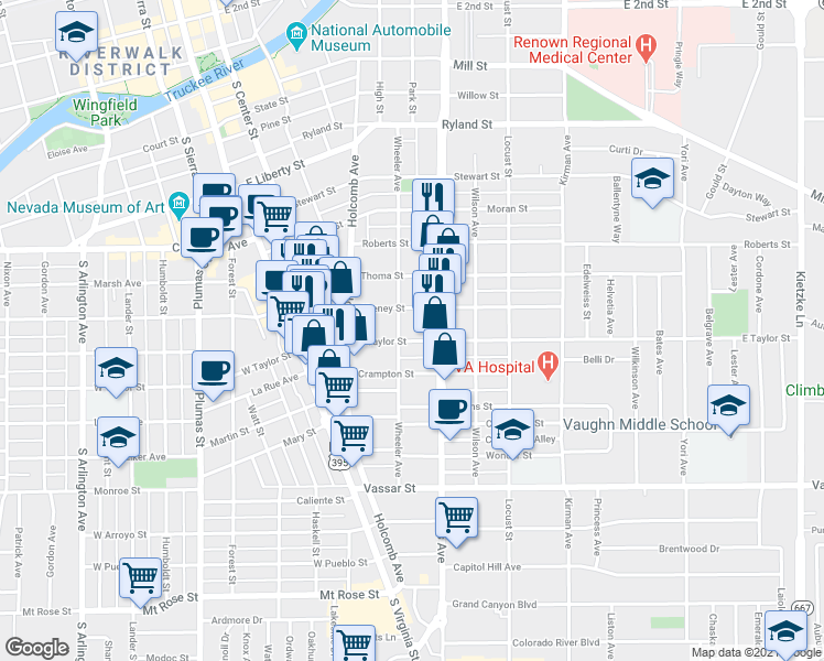 map of restaurants, bars, coffee shops, grocery stores, and more near 837 Wheeler Avenue in Reno