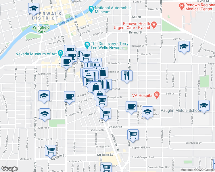 map of restaurants, bars, coffee shops, grocery stores, and more near 824 Holcomb Avenue in Reno