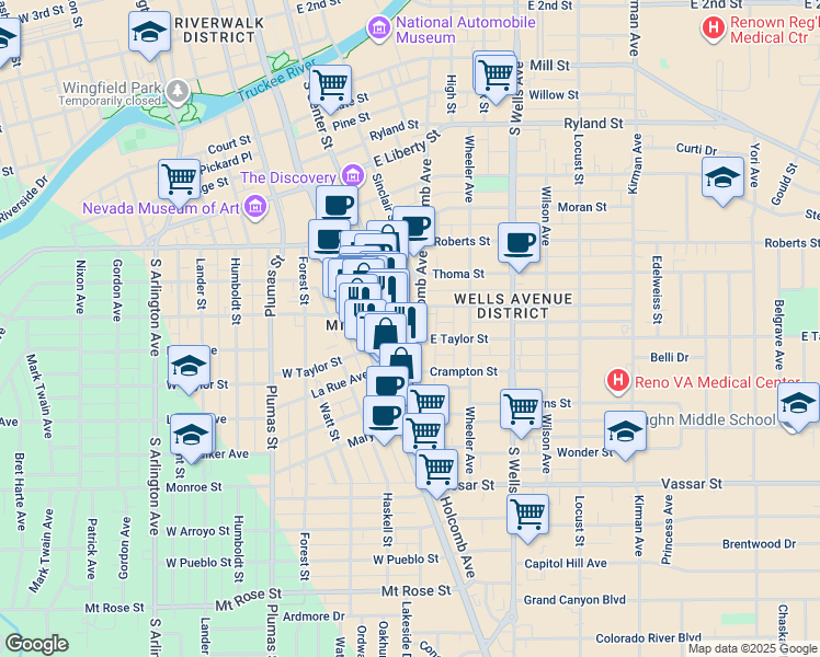 map of restaurants, bars, coffee shops, grocery stores, and more near 824 Holcomb Avenue in Reno