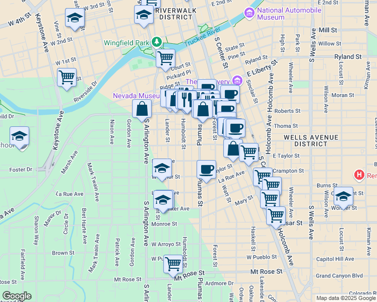 map of restaurants, bars, coffee shops, grocery stores, and more near 762 Humboldt Street in Reno