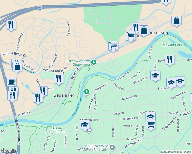 map of restaurants, bars, coffee shops, grocery stores, and more near 2855 Idlewild Drive in Reno