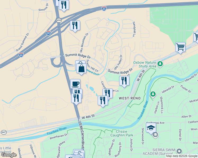 map of restaurants, bars, coffee shops, grocery stores, and more near 4686 Canyon Ridge Lane in Reno