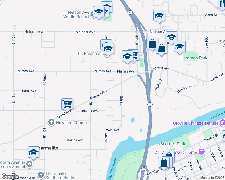 map of restaurants, bars, coffee shops, grocery stores, and more near 559 Grand Avenue in Oroville