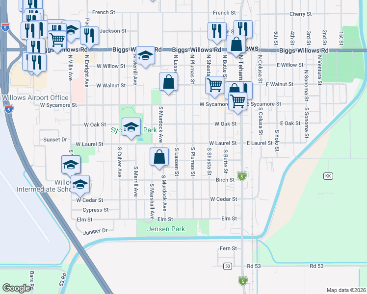 map of restaurants, bars, coffee shops, grocery stores, and more near 428 West Laurel Street in Willows