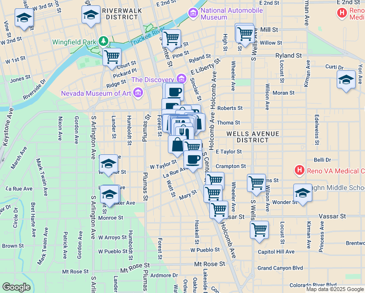 map of restaurants, bars, coffee shops, grocery stores, and more near in Reno