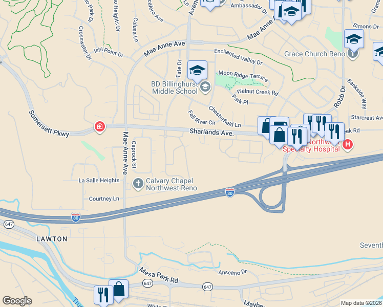 map of restaurants, bars, coffee shops, grocery stores, and more near 6850 Sharlands Avenue in Reno