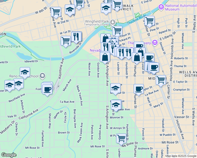 map of restaurants, bars, coffee shops, grocery stores, and more near 722 Gordon Avenue in Reno